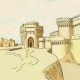 تصویری نقاشی شده از برج و بارویشهر قدیم یزد